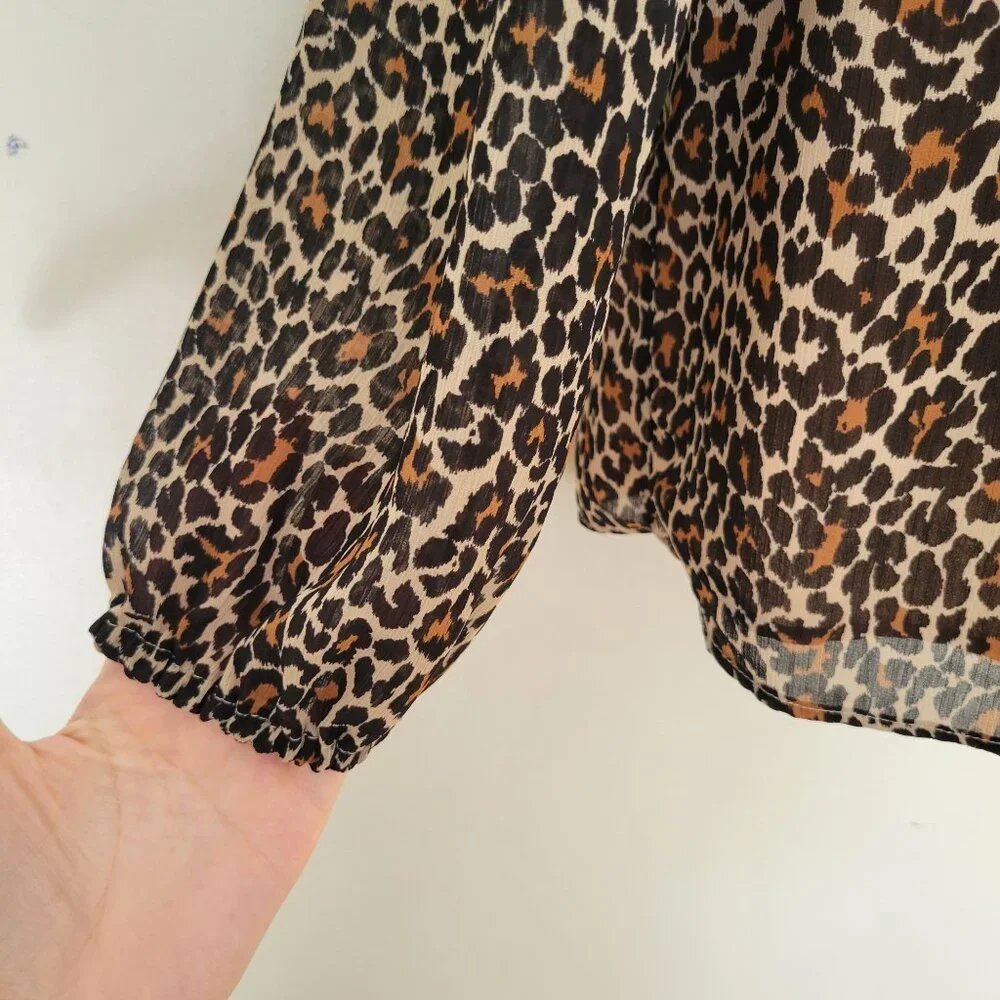 J Crew XS Leopard Print Smocked Long‎ Sleeve Blouse Mock High Neck Modest